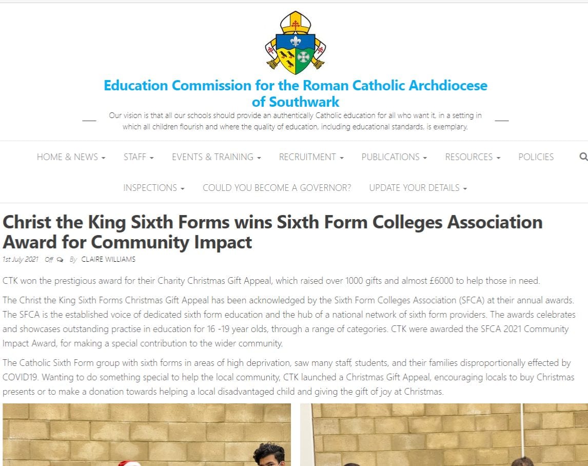 Christ The King Sixth Forms - CTK Wins SFCA Award For Community Impact ...